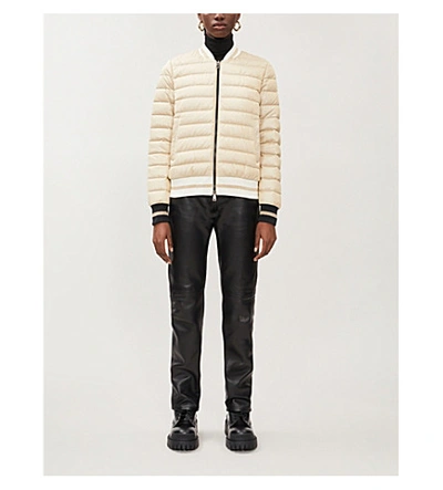 Moncler Or Ladies Metallic Thread Down Quilted Bomber Jacket, Brand Size 0 (x-small) In Beige,silver Tone