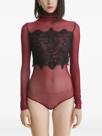 2310 Studio Lace-panel Bodysuit In Burgundy
