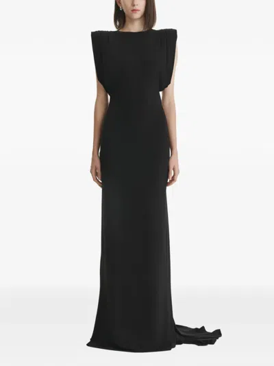 2310 Studio Padded-shoulder Train-hem Maxi Dress In Black
