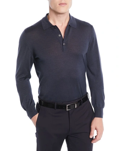 Brioni Cashmere Blend Long Sleeve Polo Shirt In Blue