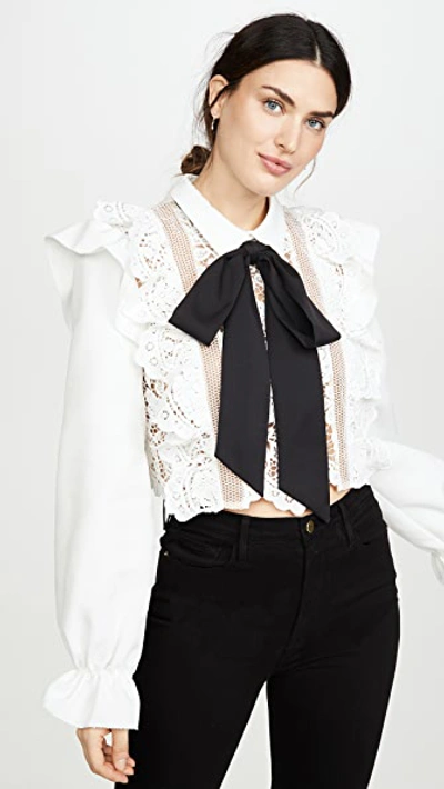 Self-portrait Balloon-sleeve Pussy-bow Lace Blouse In White,black