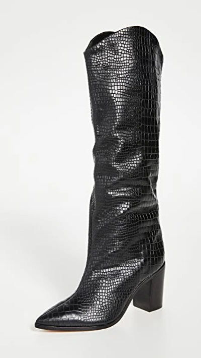 Schutz Women's Maryana Croc-embossed Block Heel Pointed-toe Tall Boots In Black