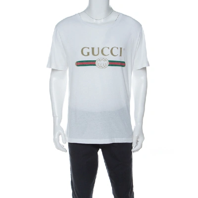 Pre-owned Gucci White Cotton Washed Out Logo Print T-shirt L