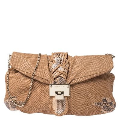 Pre-owned Jimmy Choo Nude Leather And Python Flap Clutch In Brown