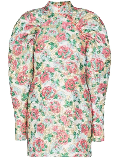Rotate Birger Christensen Kim Floral Jacquard Long Puff Sleeve Minidress In Pink