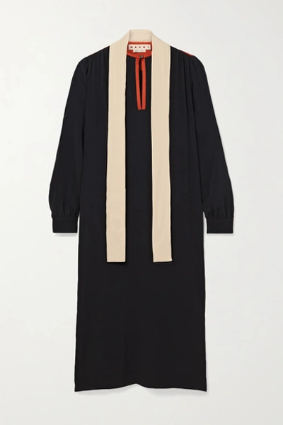 Marni Tie-neck Color-block Crepe De Chine Midi Dress In Black