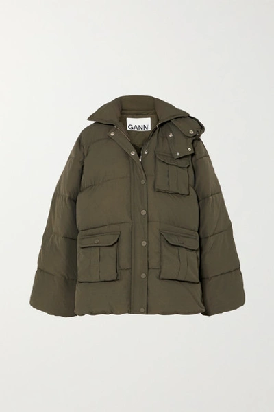 Ganni Oversized Hooded Quilted Shell Jacket In Army Green