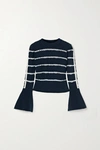 SELF-PORTRAIT EMBELLISHED STRIPED CABLE-KNIT COTTON-BLEND SWEATER