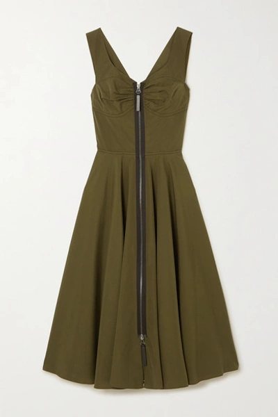 Marni Leather-trimmed Cotton-poplin Midi Dress In Army Green