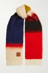 LOEWE LEATHER-TRIMMED FRINGED COLOR-BLOCK MOHAIR-BLEND SCARF