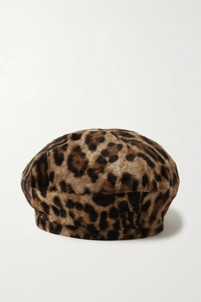 Yves Salomon Leopard-print Shearling Beret In Brown