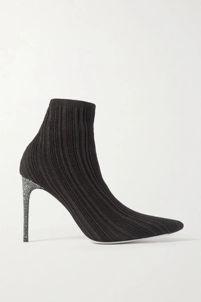 René Caovilla Crystal-embellished Metallic Ribbed-knit Sock Boots In Black