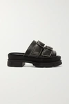 GANNI SPORTY LOGO-EMBOSSED DISTRESSED BUCKLED LEATHER SANDALS