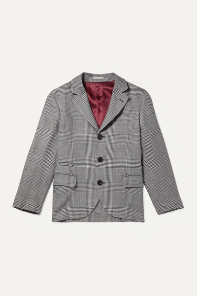 Brunello Cucinelli Kids' Prince Of Wales Checked Wool, Linen And Silk-blend Blazer In Charcoal