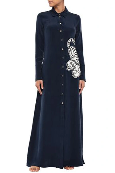 Olivia Von Halle Hero Appliquéd Washed-silk Nightdress In Midnight Blue