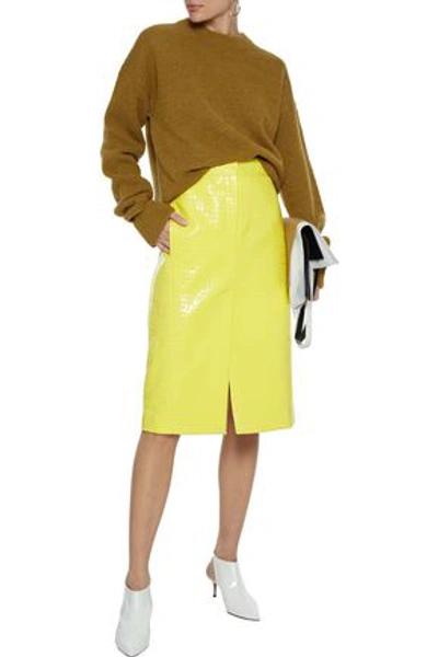 Tibi Croc-effect Faux Glossed-leather Skirt In Yellow