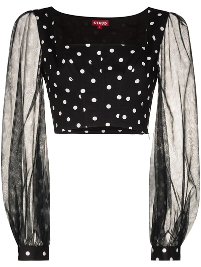 Staud Balloon-sleeve Polka-dot Cotton-blend Cropped Top In Black
