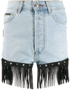 PHILIPP PLEIN FRINGED DENIM SHORTS