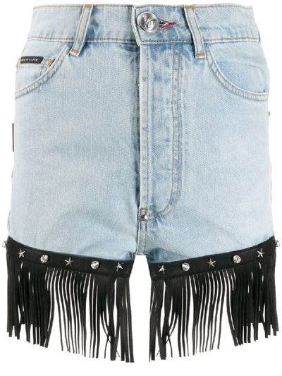 Philipp Plein Fringed Denim Shorts In Blue