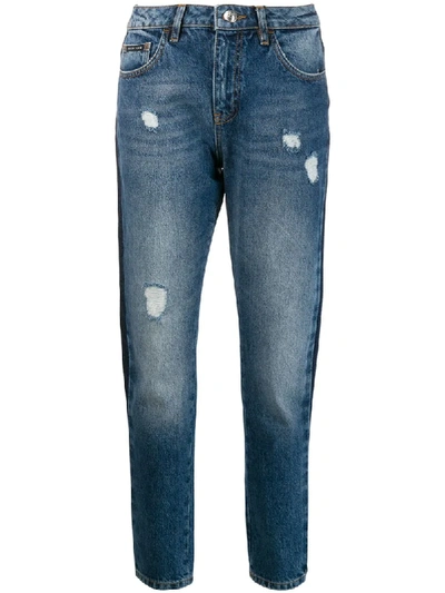 Philipp Plein Side-striped Boyfriend Jeans In Blue