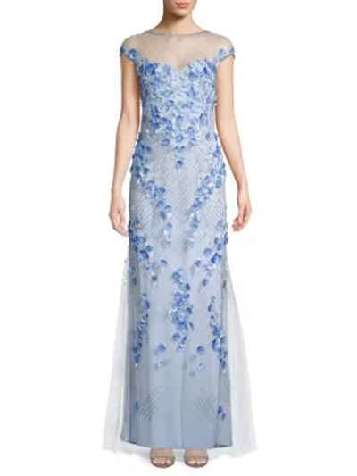 Theia Beaded 3d Floral Gown In Cornflower