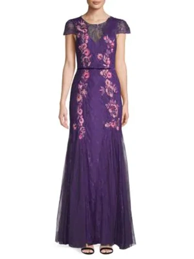 Marchesa Notte Lace Embroidery Cap-sleeve Gown In Purple
