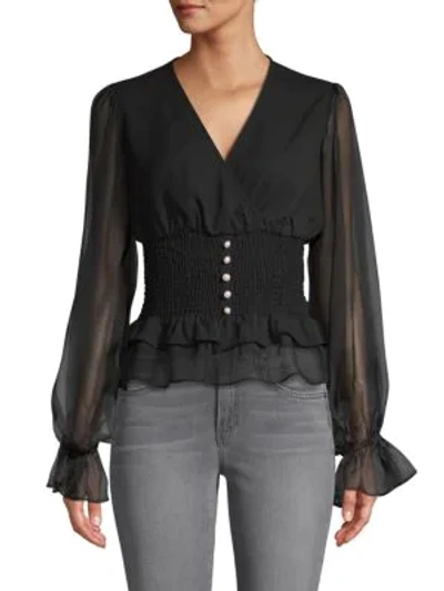 Allison New York Sheer-sleeve Faux Pearl-button Blouse In Black