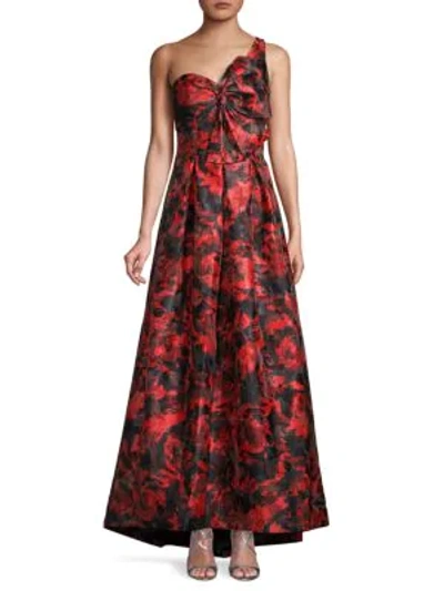 Carmen Marc Valvo Infusion One-shoulder Brocade Gown In Red/ Black