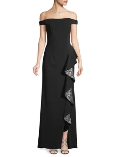 Carmen Marc Valvo Infusion Off The Shoulder Crepe Gown In Black/ Silver