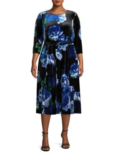 Calvin Klein Plus Belted Floral Velvet Dress In Black Multi