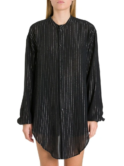 Saint Laurent Overisized Shirt With Silver Stripes Motif In Black