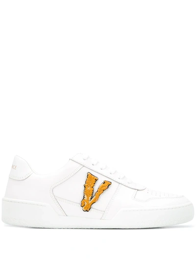 Versace Leather Sneakers With V Monogram In White