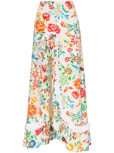 All Things Mochi Clara Floral Print Silk Maxi Skirt In White