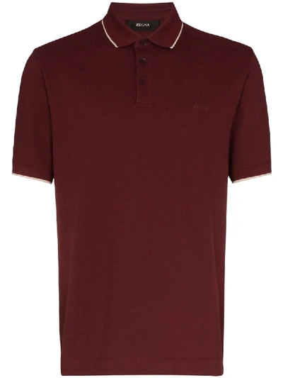 Z Zegna Stripe Detail Cotton Blend Polo Shirt In Burgundy