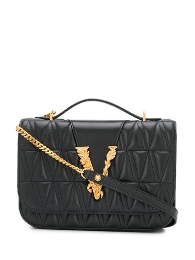 Versace Small Virtus Quilted Leather Top Handle Bag In Black