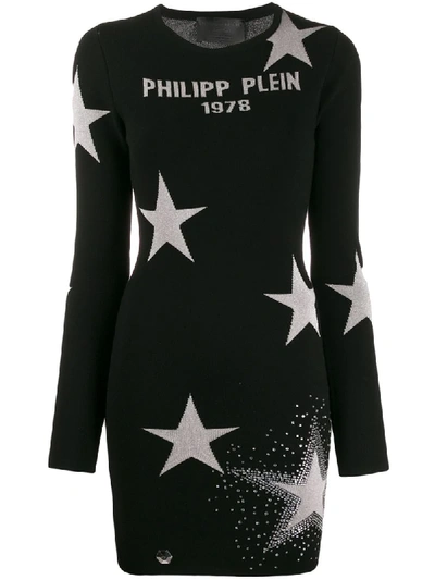 Philipp Plein Logo Star Print Jumper Dress In Black