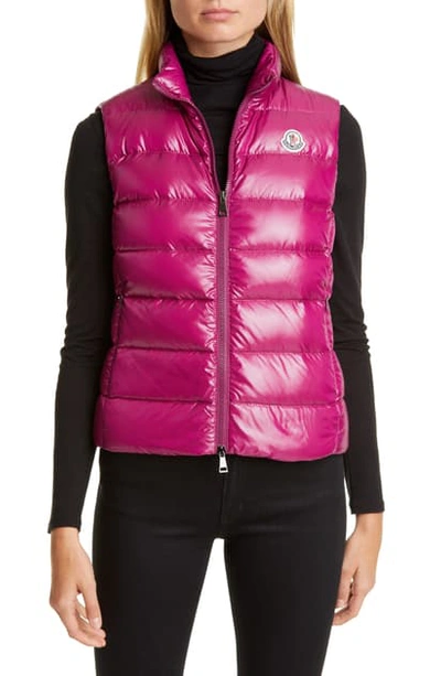 Moncler Ghany Short Shiny Nylon Down Vest In Berry