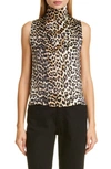 GANNI LEOPARD PRINT STRETCH SILK CROP SLEEVELESS TOP,F4383