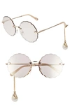 CHLOÉ 60MM ROSIE OVERSIZE ROUND SUNGLASSES WITH FRESHWATER PEARL ACCENT,CE142SPRLL PEARL