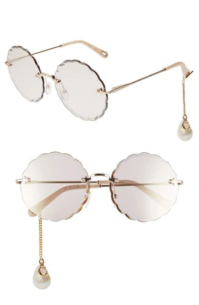 Chloé 60mm Rosie Oversize Round Sunglasses With Freshwater Pearl Accent In Rose Gold/ Pearl Flash