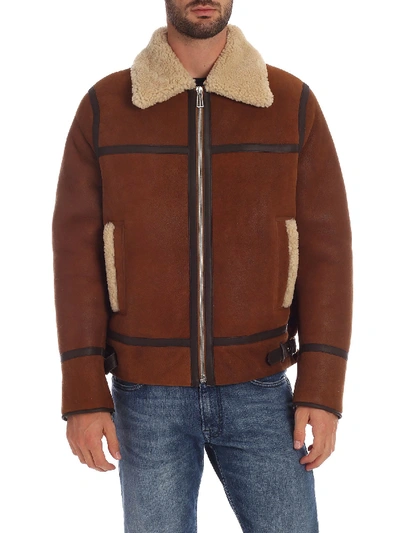 Ps By Paul Smith Sheepskin Jacket With Straps In Brown