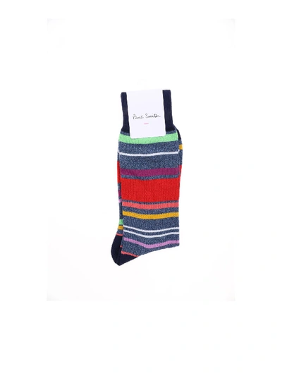 Paul Smith Blue Melange Socks With Tera Stripe Pattern In Multi