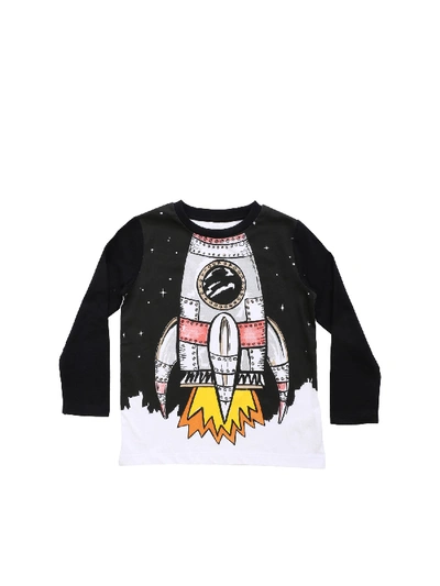 Stella Mccartney Kids' Bicolor Long Sleeve T-shirt With Shuttle Print In Black,white