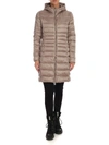 SAVE THE DUCK LONG FIT DOWN JACKET IN TAUPE COLOR WITH LOGO PATCH