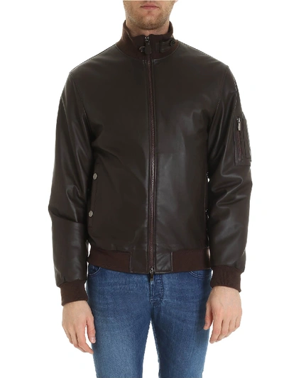 Z Zegna Padded Bomber Jacket In Brown Leather