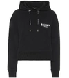 Balmain Cropped Flocked Organic Cotton-jersey Hoodie In Black