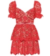 Self-portrait Ruschia Floral Lace Puff Sleeve Minidress In Red