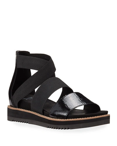 Eileen Fisher Klay Patent Stretch Wedge Sandals In Black