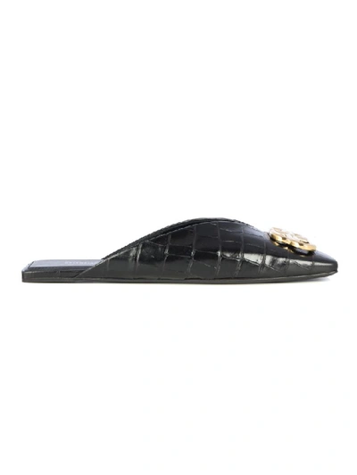 Balenciaga Bb-logo Crocodile-effect Leather Backless Loafers In Black Gold