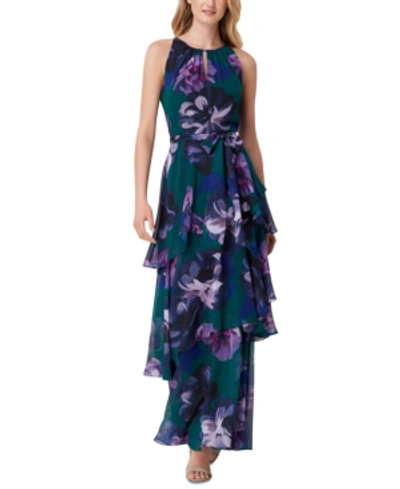 Tahari Asl Sleeveless Tiered Floral Maxi Dress In Green/purple Floral